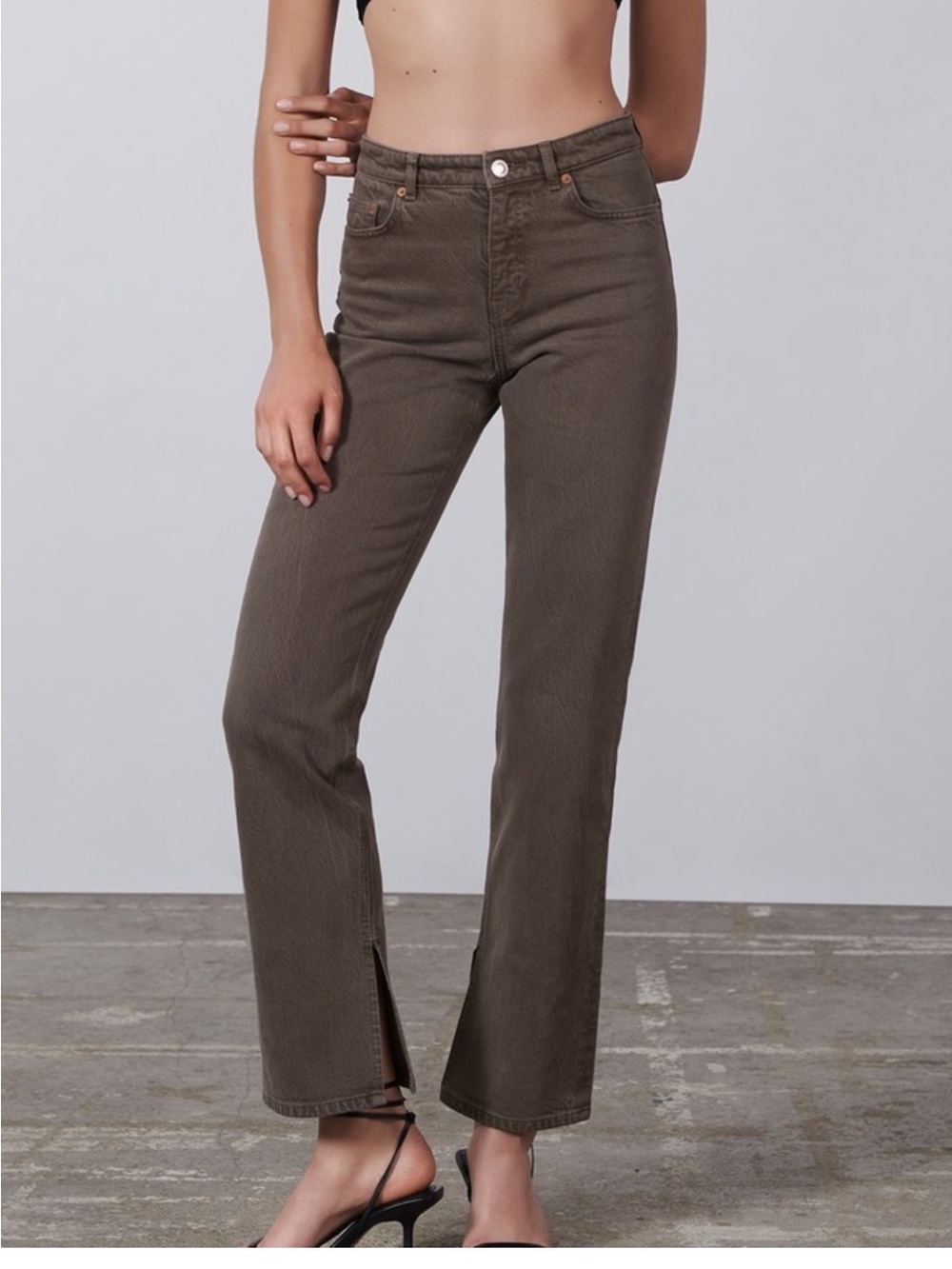 Zara Brown Kick Flare High Rise Jeans with Ankle Slit Size 2 24 34